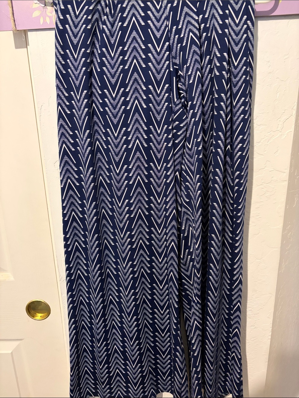 Robert Louis Navy and White Chevron Wide-Leg Pants Large Stretch